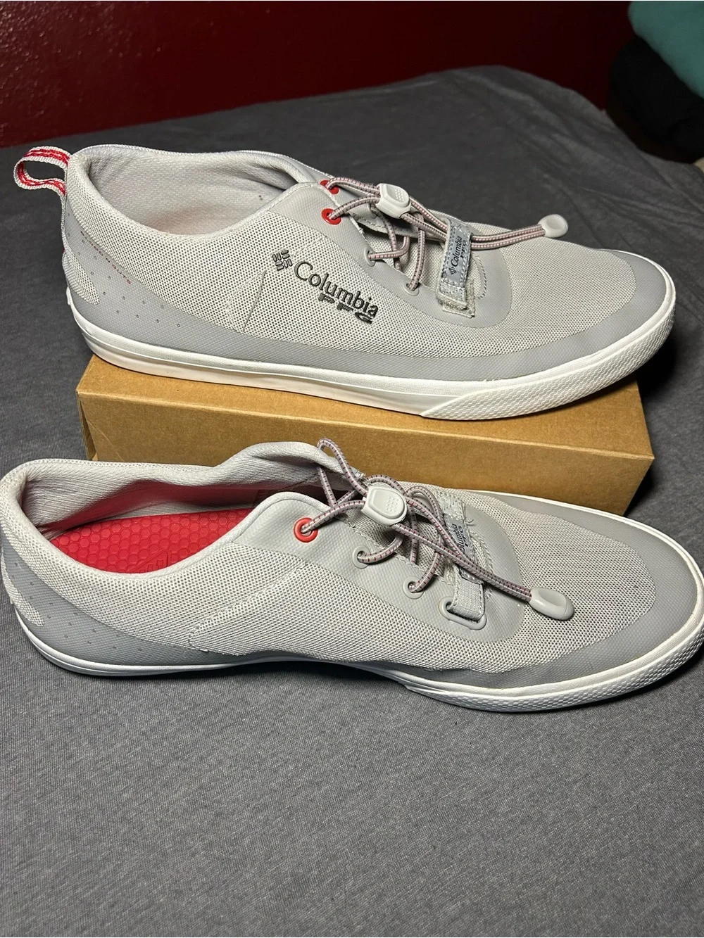 Columbia PFG Men’s Light Gray Boat and Fishing Slip-on Shoes with Red Accent